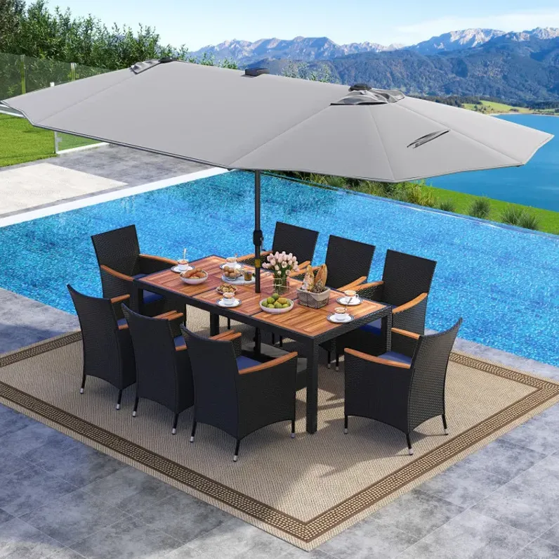 11 Pieces Patio Dining Set with LED Patio Umbrella with Base and Seat Cushions (Navy)