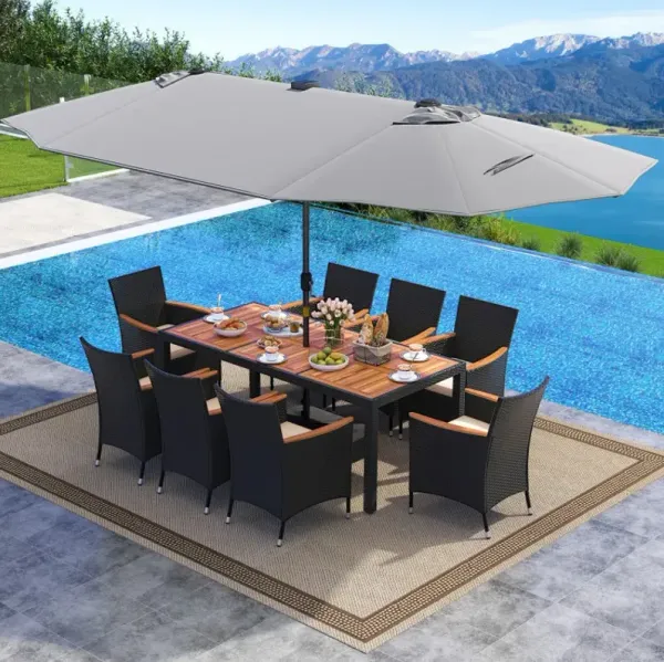 11 Pieces Patio Dining Set with LED Patio Umbrella with Base and Seat Cushions (Beige)