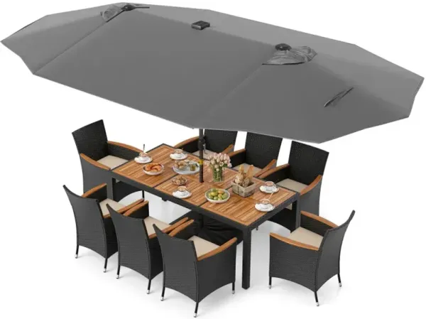 11 Pieces Patio Dining Set with LED Patio Umbrella with Base and Seat Cushions (Beige)