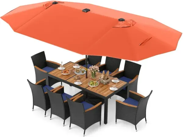 11 Pieces Patio Dining Set with LED Patio Umbrella with Base and Seat Cushions (Navy)