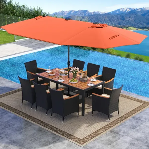 11 Pieces Patio Dining Set with LED Patio Umbrella with Base and Seat Cushions (Beige)