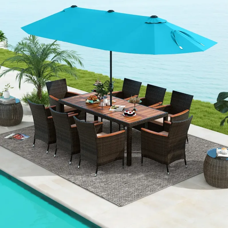 11 Pieces Patio Dining Set 15ft Double-Sided Patio Umbrella (Base Included) and Outdoor Rattan Furniture Set with 8 Stackable Chairs