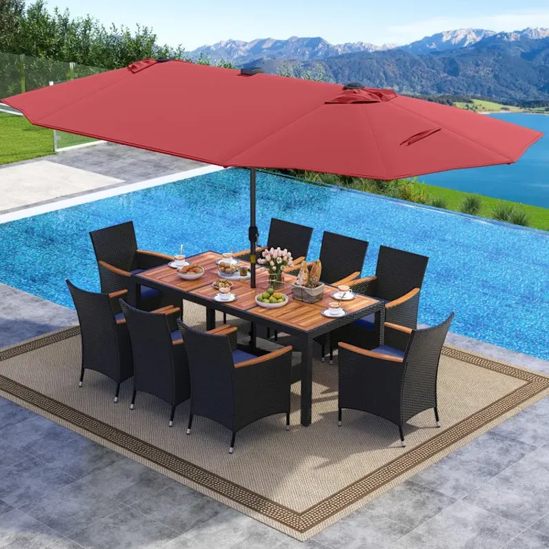 11 Pieces Patio Dining Set with LED Patio Umbrella with Base and Seat Cushions (Navy)
