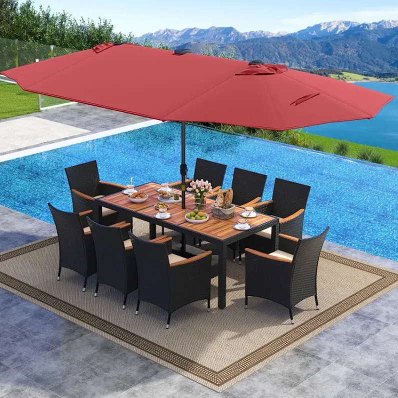 11 Pieces Patio Dining Set with LED Patio Umbrella with Base and Seat Cushions (Beige)