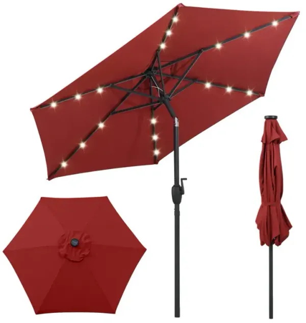 7.5 Feet Solar Powered Patio Umbrella with LED Lights and Crank Handle