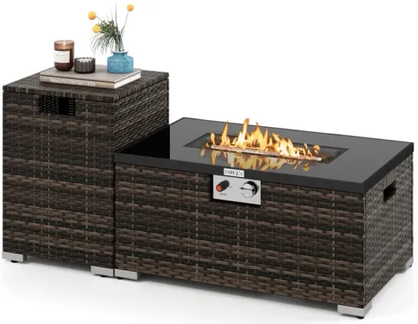 2-Piece Outdoor Rattan Fire Table Set 32 Inch Rectangle Gas Firepit with Tank Cover