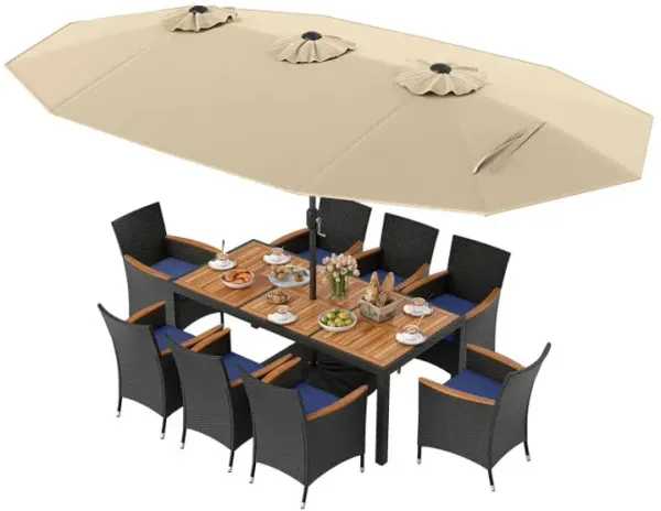 10 Piece Outdoor Patio Dining Set with 15 Feet Double-Sided Twin Umbrella