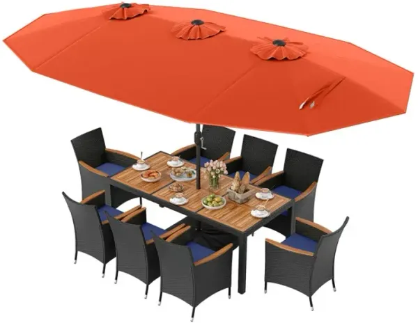 10 Piece Outdoor Patio Dining Set with 15 Feet Double-Sided Twin Umbrella