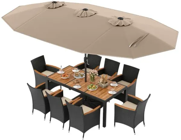10 Piece Outdoor Dining Set with 15 Feet Double-Sided Twin Umbrella