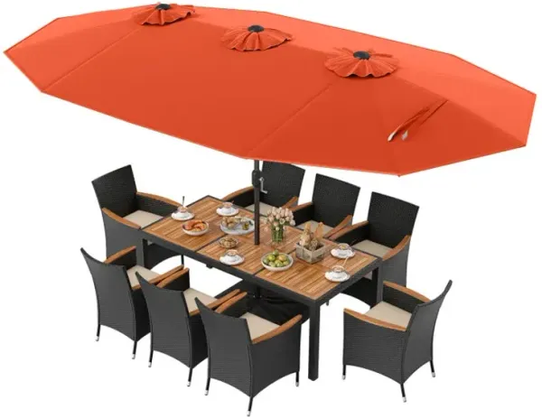 10 Piece Outdoor Dining Set with 15 Feet Double-Sided Twin Umbrella