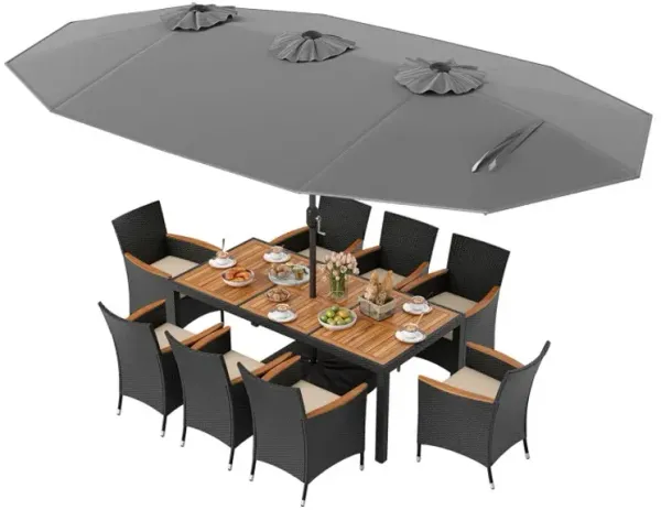 10 Piece Outdoor Dining Set with 15 Feet Double-Sided Twin Umbrella