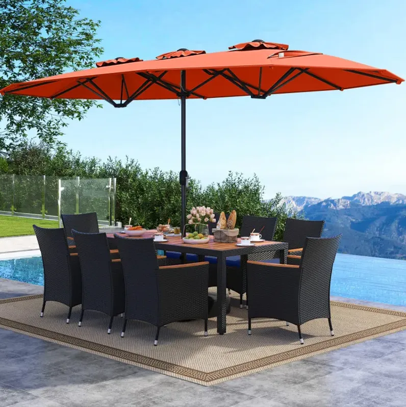 10 Piece Outdoor Patio Dining Set with 15 Feet Double-Sided Twin Umbrella