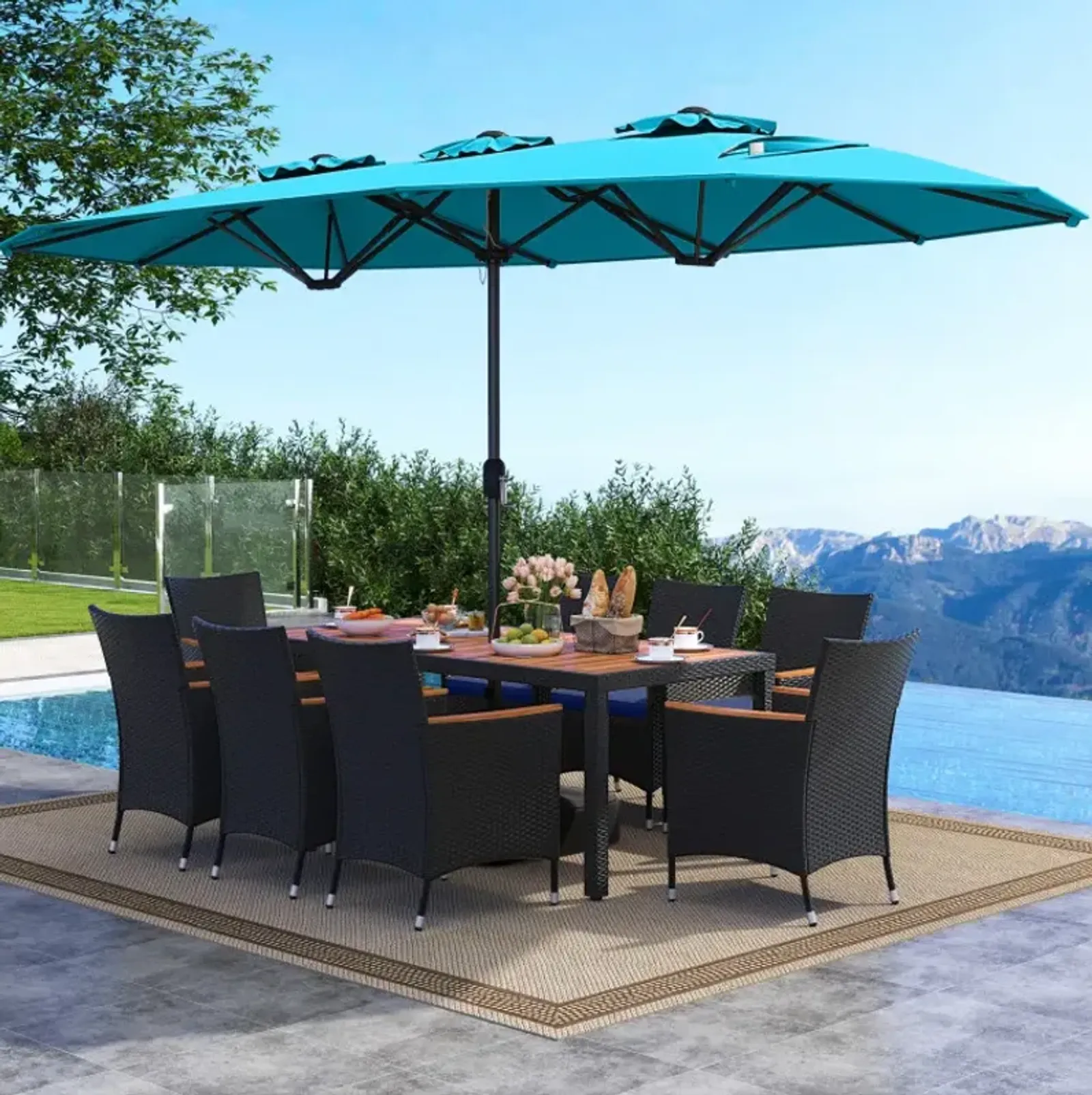 10 Piece Outdoor Patio Dining Set with 15 Feet Double-Sided Twin Umbrella (NP12256TU+HW73185NY+)