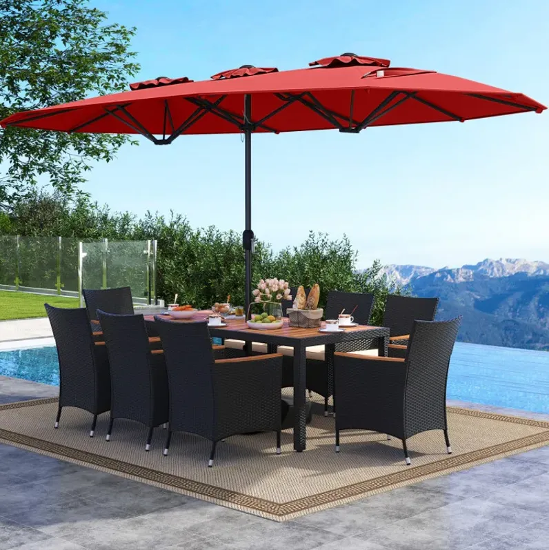 10 Piece Outdoor Dining Set with 15 Feet Double-Sided Twin Umbrella