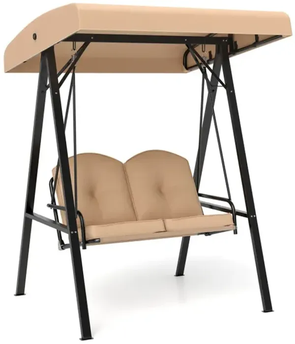 2-Person Outdoor Porch Swing with A-Shaped Metal Stand and Adjustable Canopy