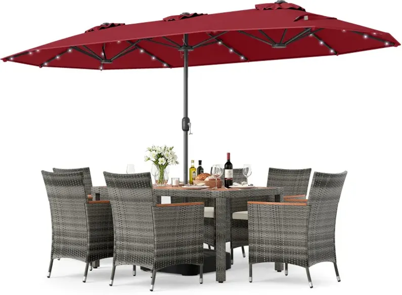 8 Pieces Outdoor Wicker Dining Furniture and 13.5 FT Double-Sided Patio Umbrella