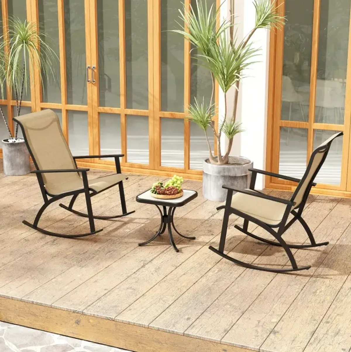 Heavy-Duty Rocking Bistro Chairs and Table Set with High Backrest and Wood-Plastic Tabletop