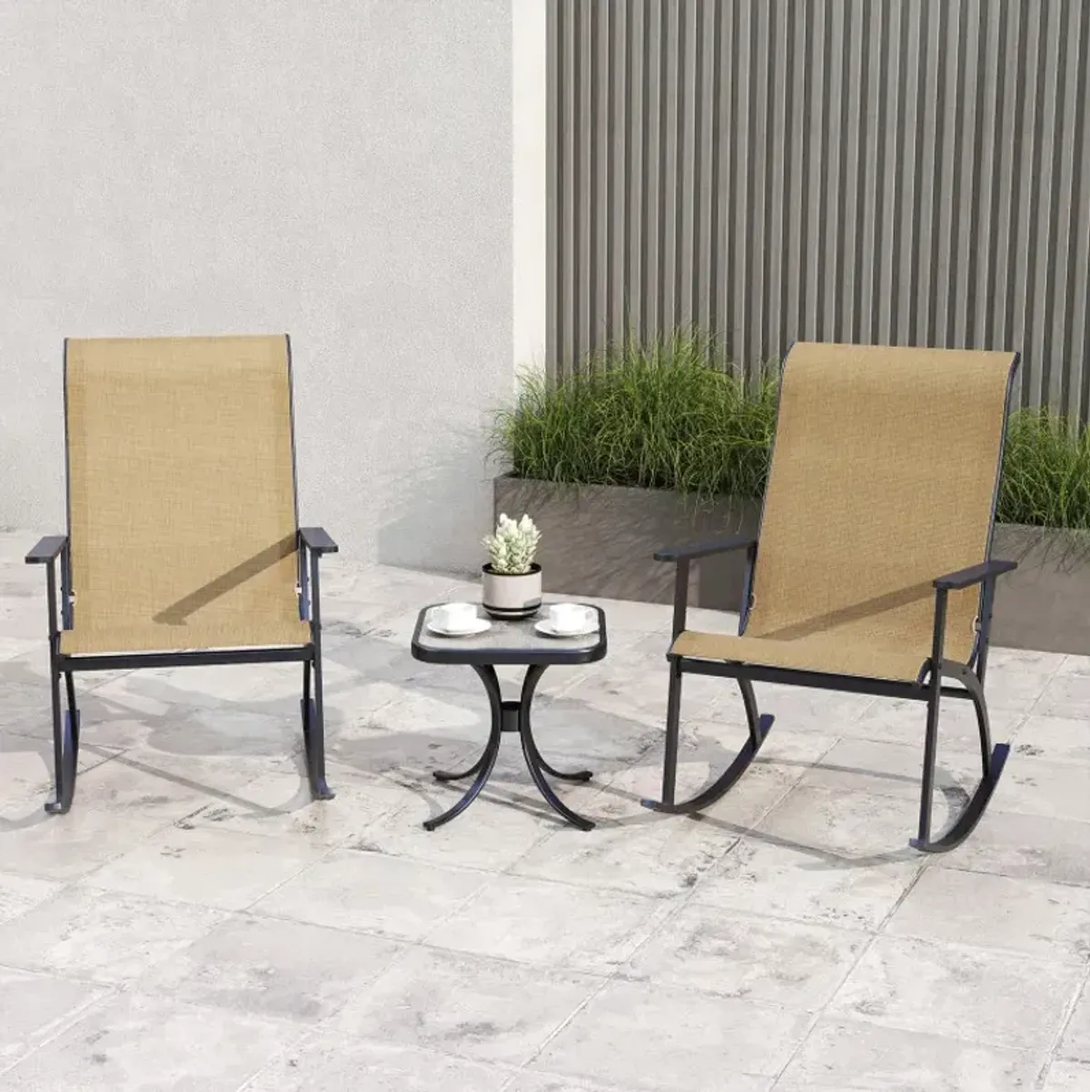 Heavy-Duty Rocking Bistro Chairs and Table Set with High Backrest and Wood-Plastic Tabletop