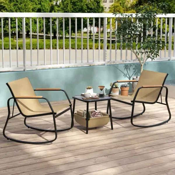 3 Piece Rocking Bistro Chairs and Side Table Set with Storage Bag