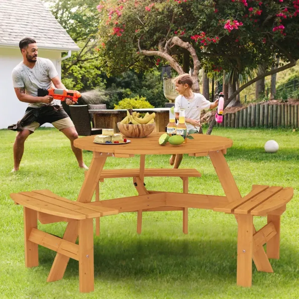 6-Person Round Picnic Table Set with 3 Built-in Benches and Umbrella Hole