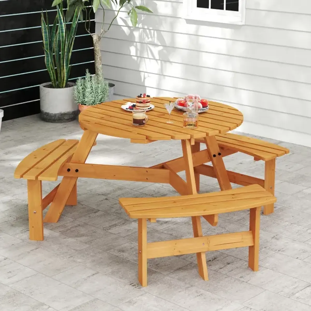 6-Person Round Picnic Table Set with 3 Built-in Benches and Umbrella Hole
