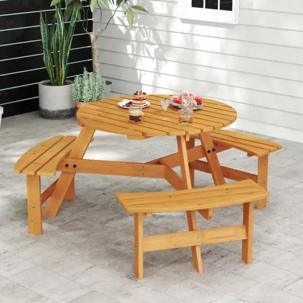 6-Person Round Picnic Table Set with 3 Built-in Benches and Umbrella Hole