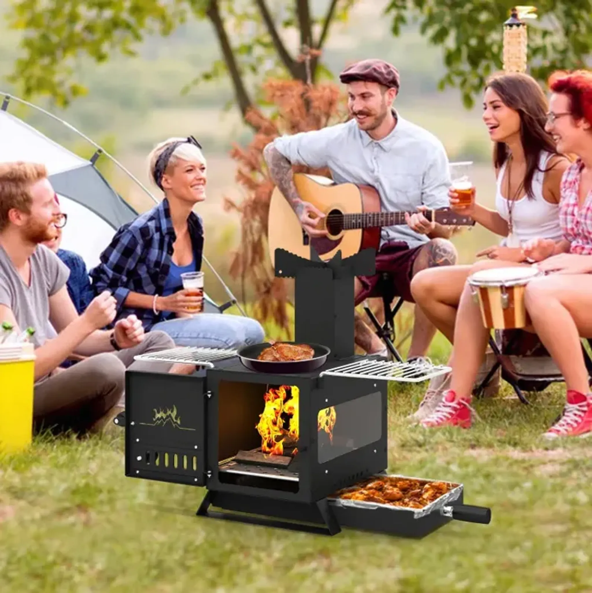 Portable Wood Burning Stove Mini Heater Burner With Pot Rack Oven Pan ...