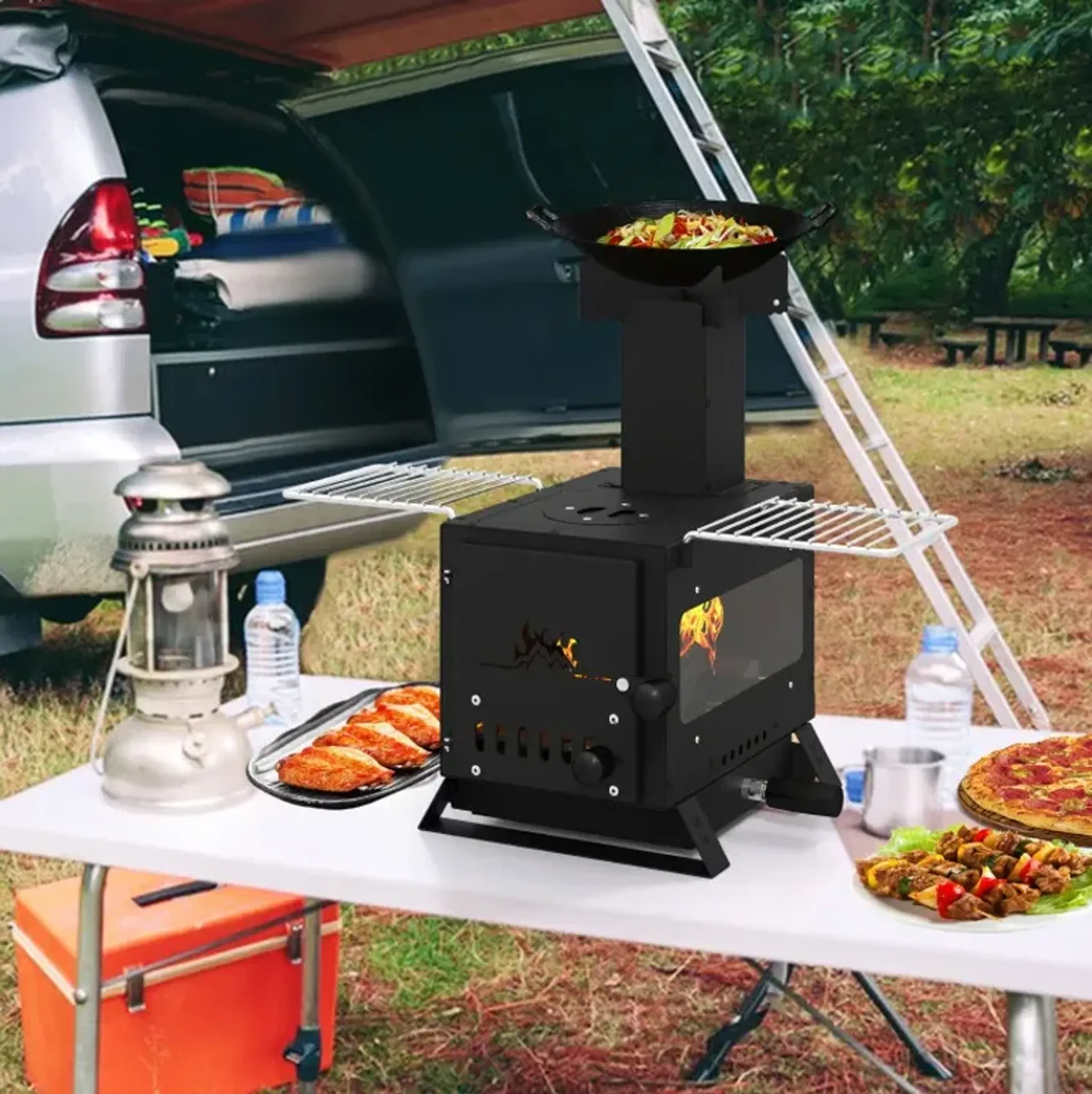Portable Wood Burning Stove Mini Heater Burner With Pot Rack Oven Pan ...