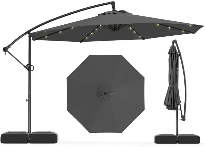 10 Feet Solar Offset Hanging Umbrella with Base and 32 LED Lights