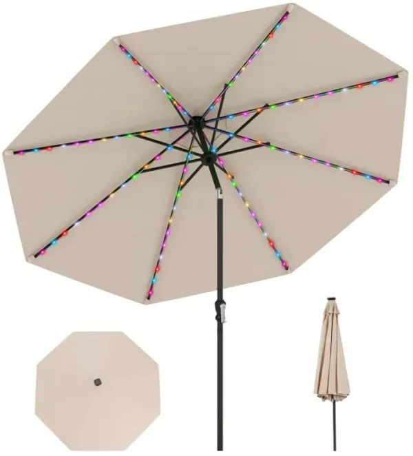 10 Feet Solar Patio Umbrella with 96 Multi-Colored Flowing LED Lights and Tilt Adjustment
