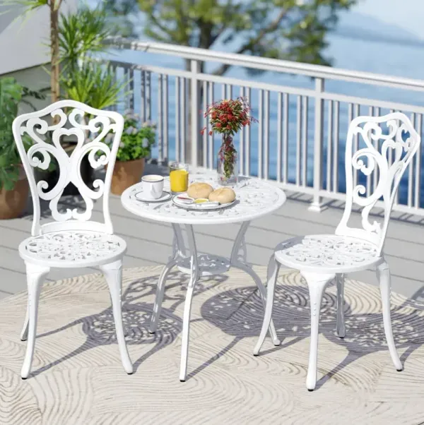 3 Piece All Weather Cast Aluminum Bistro Chairs and Table with Umbrella Holes