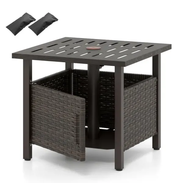Outdoor Side Table with 1.93" Umbrella Hole All-Weather PE Wicker Patio Umbrella Table