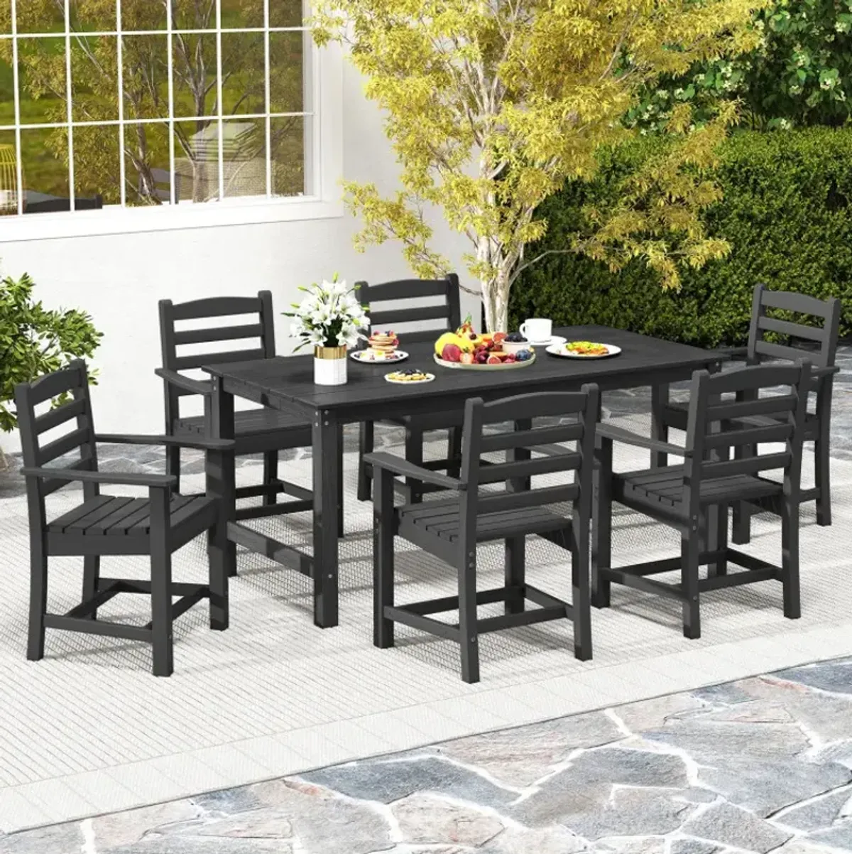 HDPE Outdoor Dining Table for 6 Person with Wood-Like Tabletop and Umbrella Hole