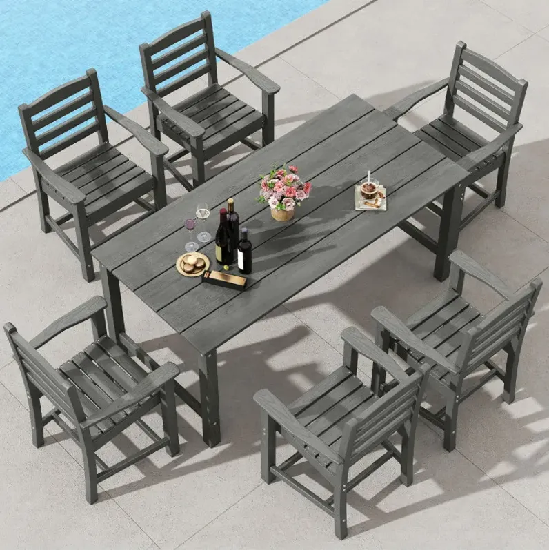 7 Pieces Outdoor Dining Table Set for 6 People 67 Inch HDPE Patio Rectangle Table and 6 Armchairs