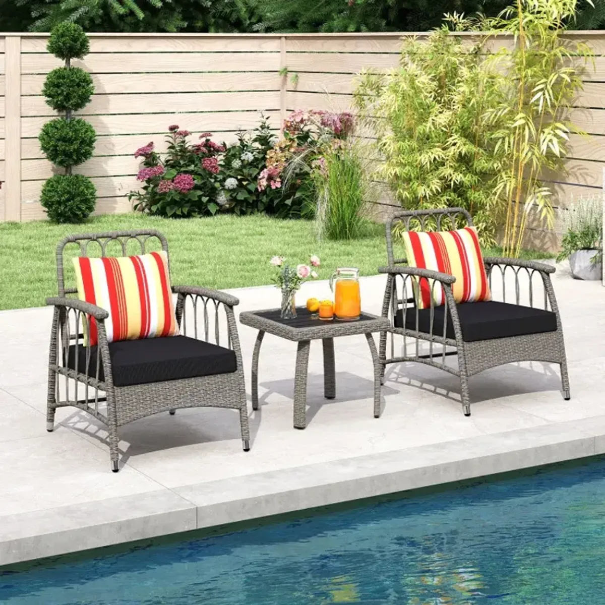 3 Pieces Patio PE Wicker Furniture Set with 5-Level Adjustable Backrest