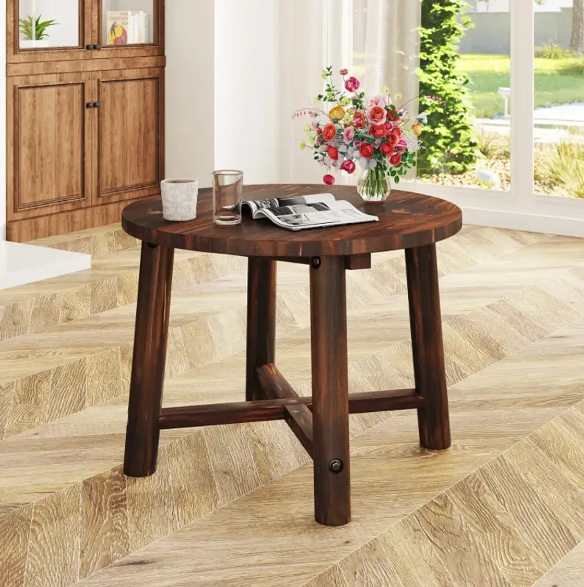 Patio End Table with Solid Wood Structure for Garden Deck Poolside and Indoors