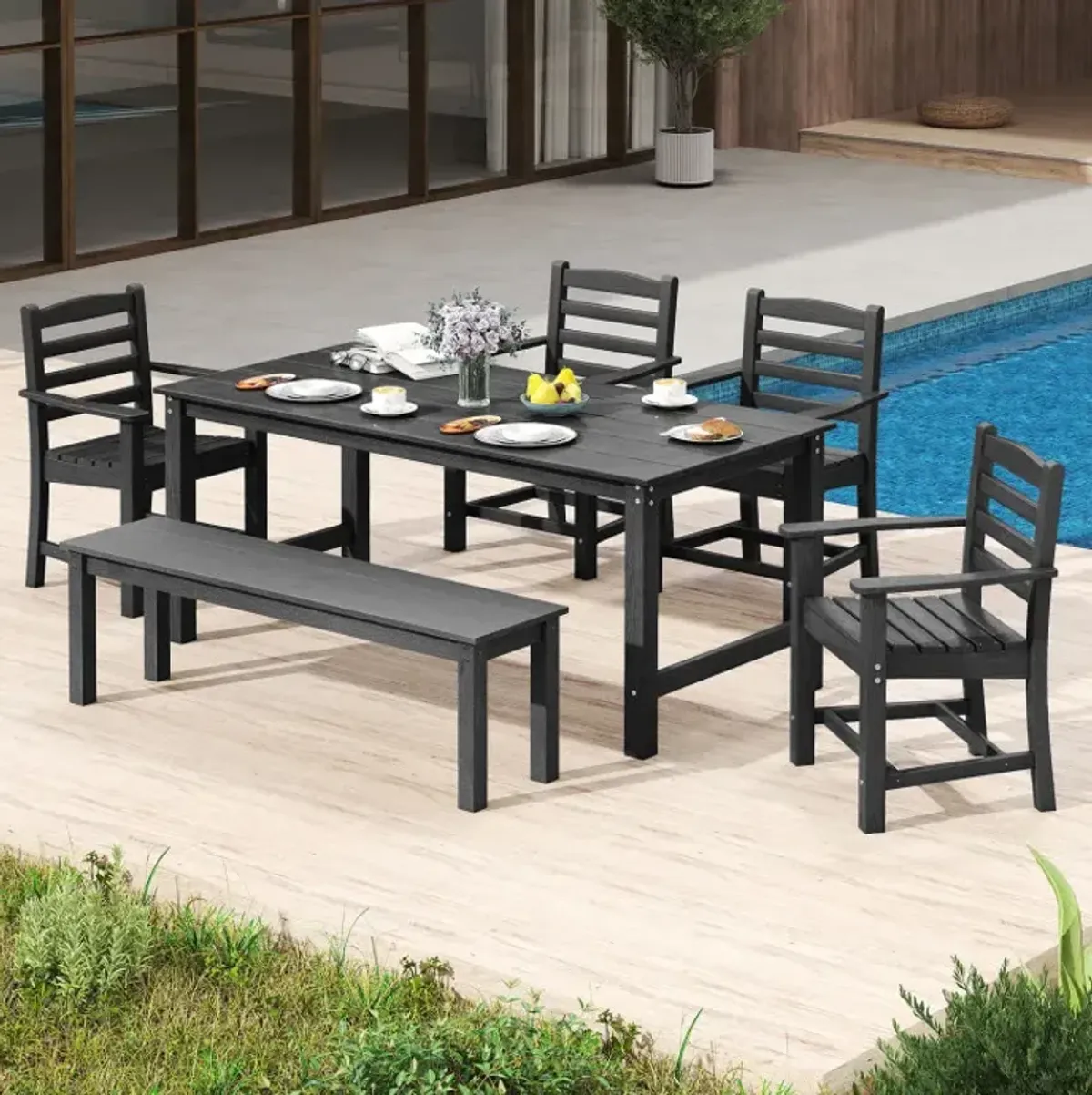 HDPE All Weather Patio Dining Chairs Set of 2 with Wide Armrests