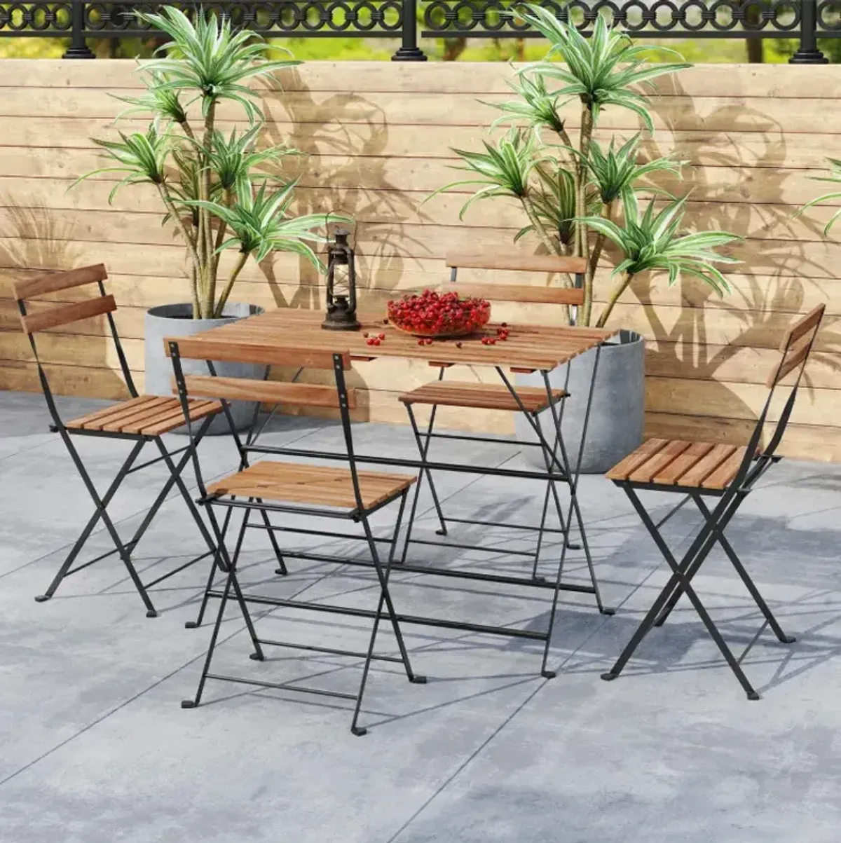 5 Piece Patio Acacia Wood Dining Set with 4 Folding Chairs