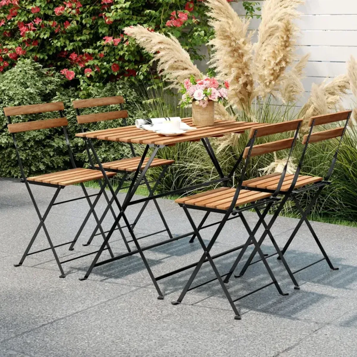 5 Piece Patio Acacia Wood Dining Set with 4 Folding Chairs