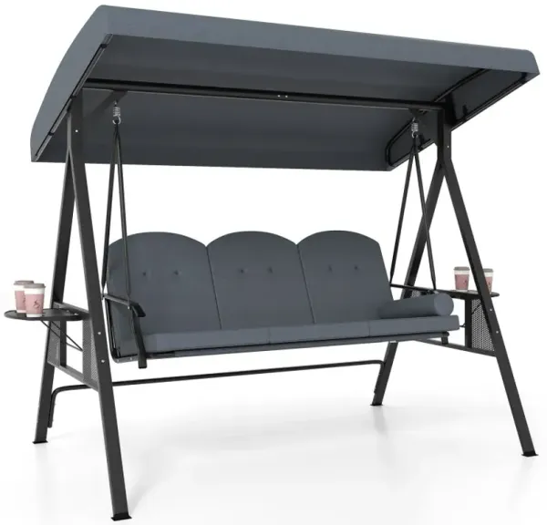 3-Seat Patio Swing Chair Porch Swing with Adjustable Canopy Thickened Cushions Pillow and Foldable Side Trays