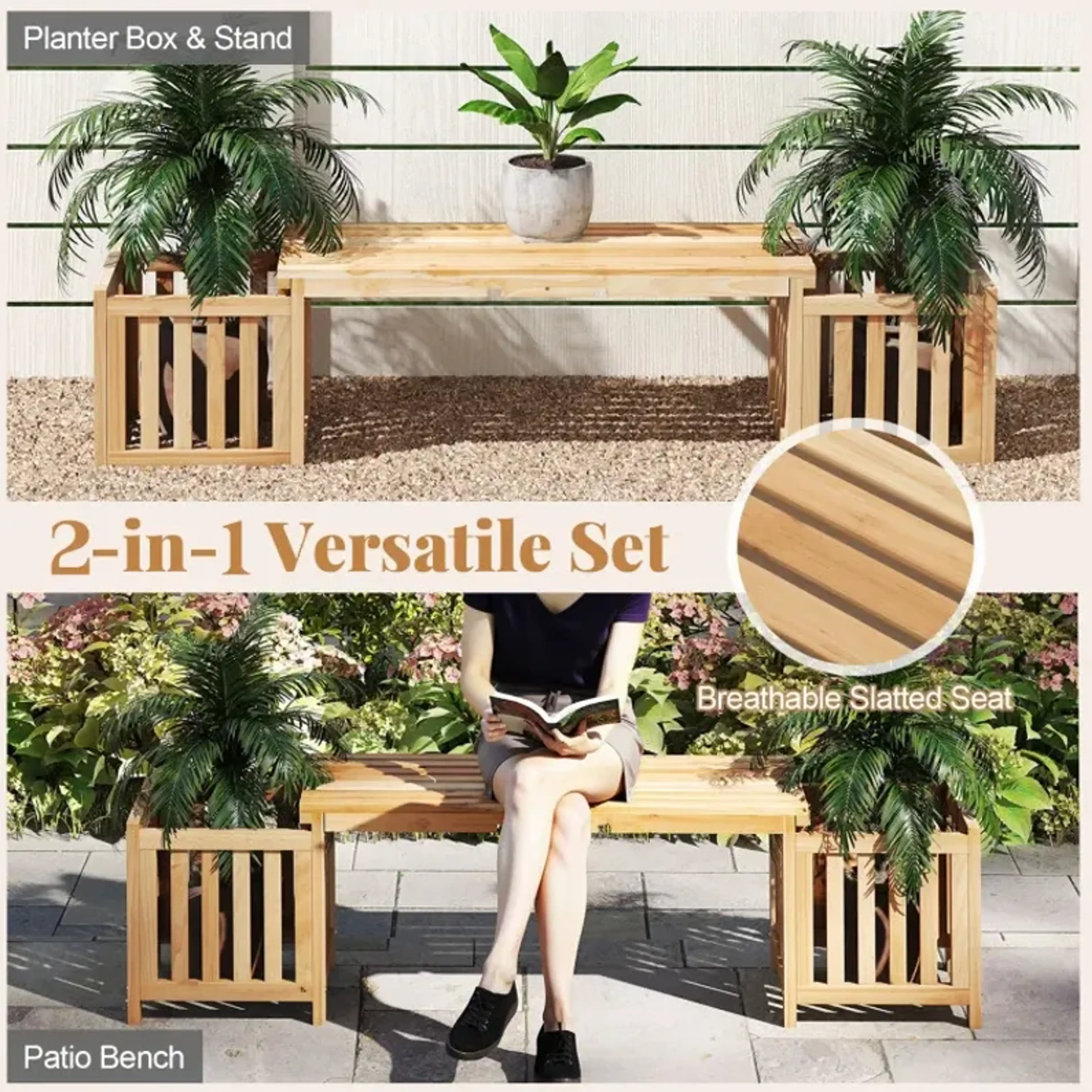 Patio Wooden Bench With Planter 2 Person Patio Bench Costway ...