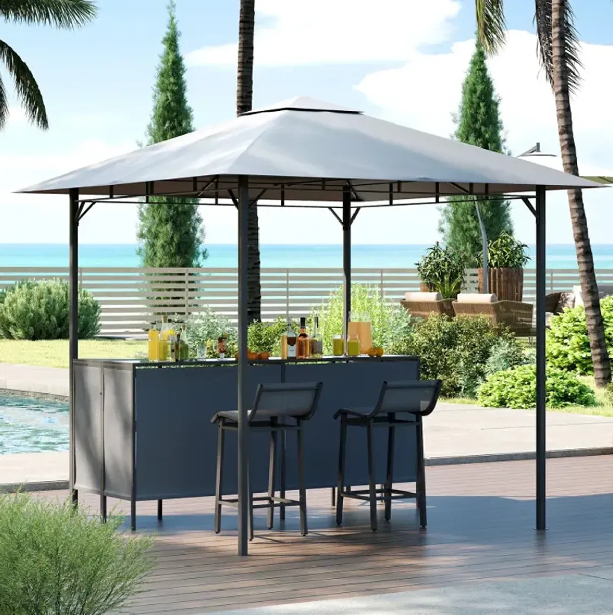 3-Piece Patio Bar Set 8 x 8 FT Double-Tier Grill Gazebo with 2 Bar Stools