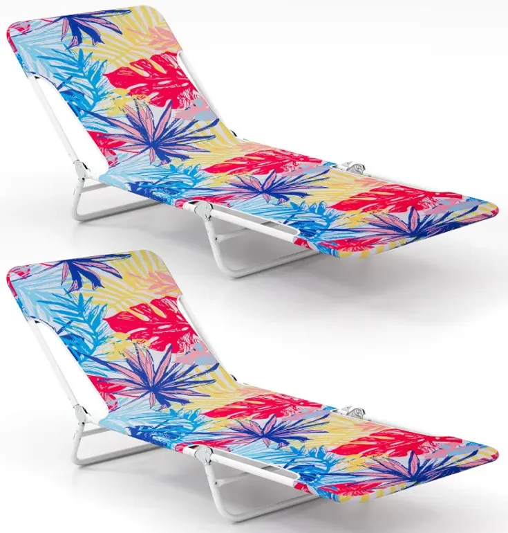 2 Pieces 5-position Lay Flat Beach Recliner with Carry Strap and Metal Frame
