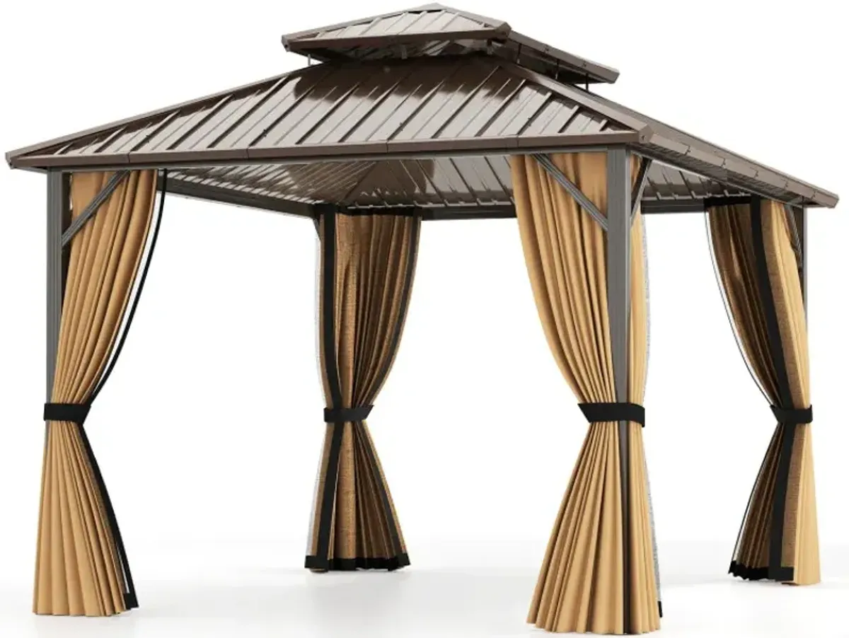 10 x 10/12 Feet Hardtop Gazebo with Netting and Curtain and Double-Roof Galvanized Metal Top