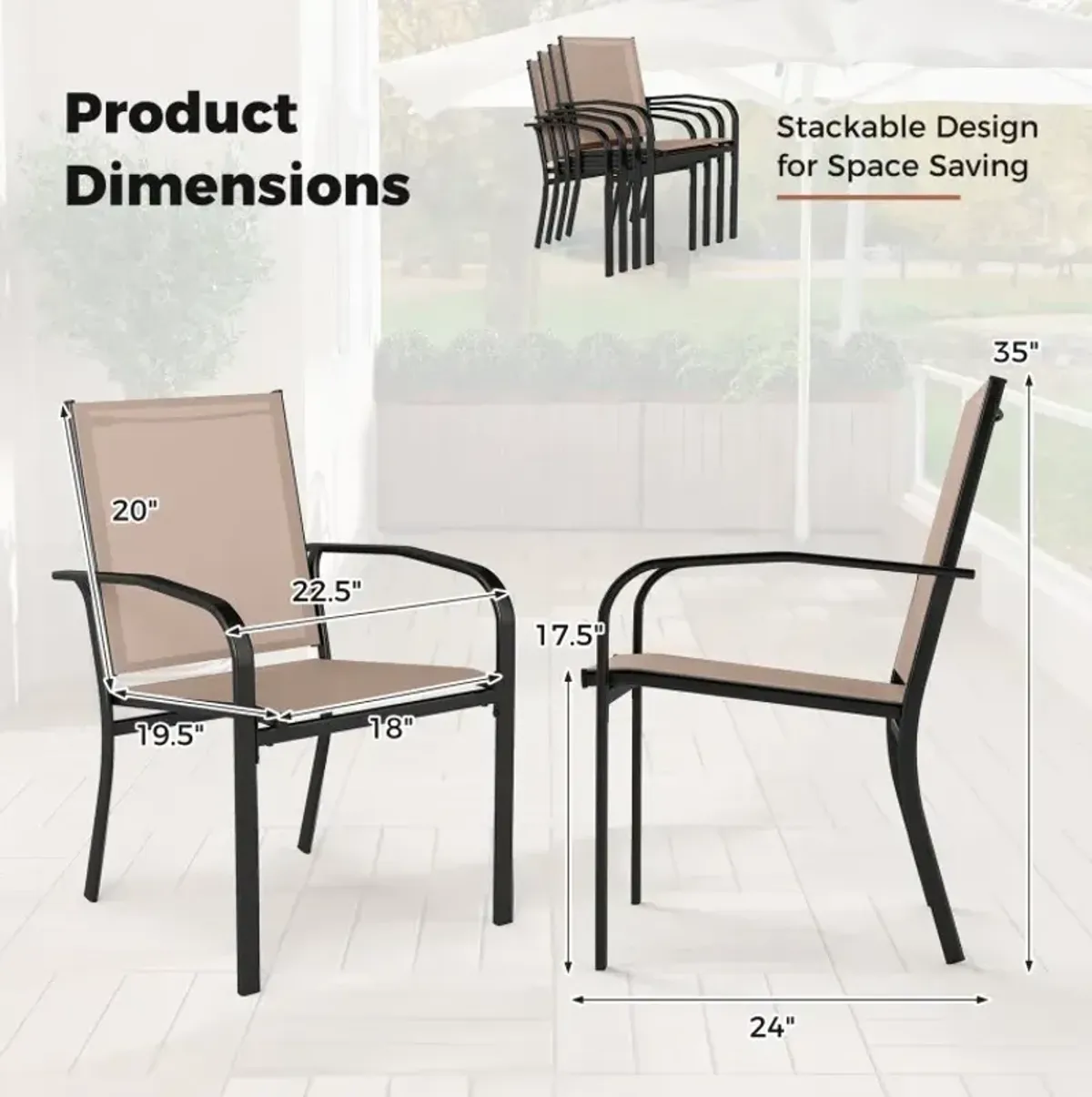 Outdoor Dining Chairs Set of 4 with High Back and Metal Frame