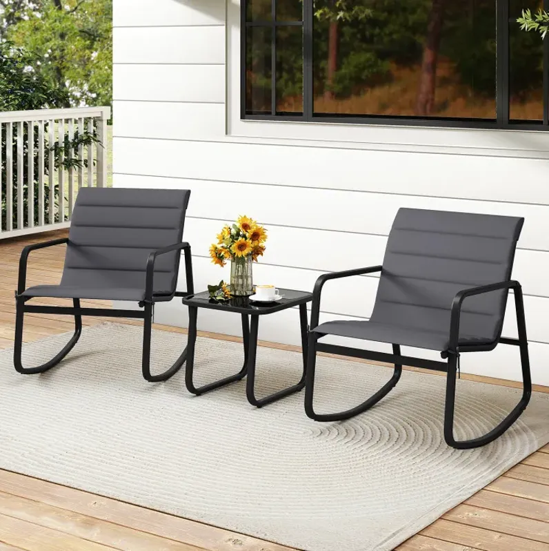 3 Piece Outdoor Rocking Bistro Set Porch Rocker Chairs with Tempered Glass Table
