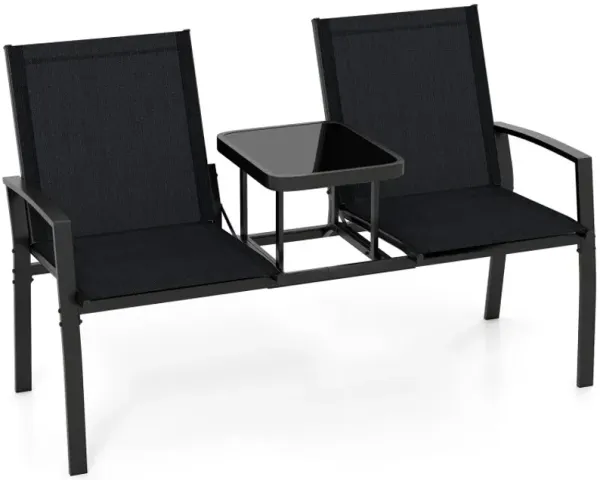 Patio Loveseat with Built-in Table with Breathable Fabric Back