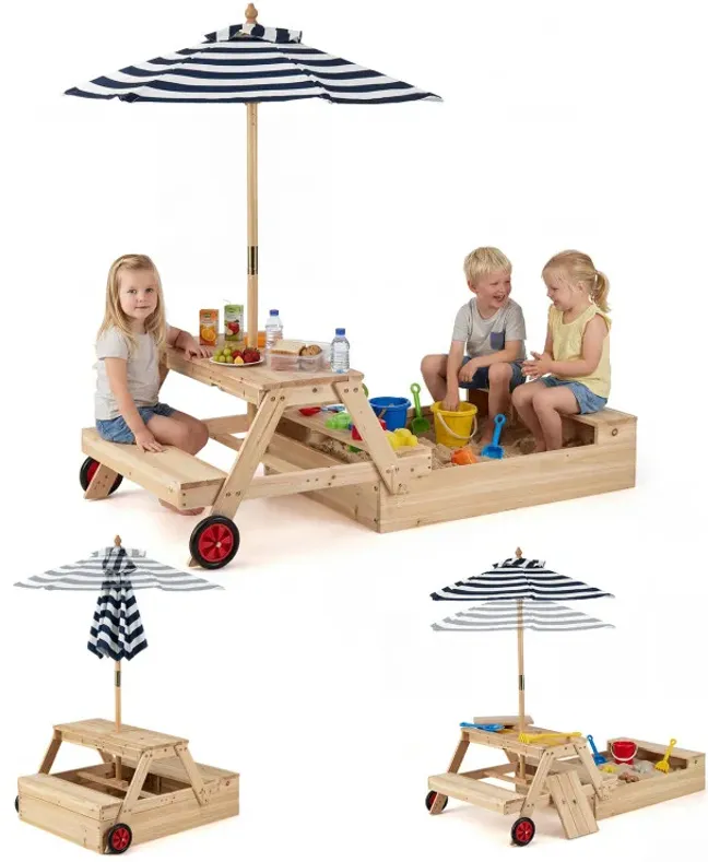 2-in-1 Wooden Sandbox with Foldable Umbrella and Convertible Picnic Table