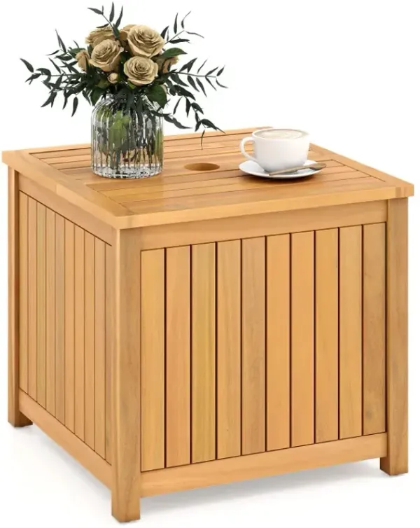 2-in-1 Outdoor Side Table with Storage Acacia Wood Slatted Coffee Table Square/Round Slatted End Storage Box