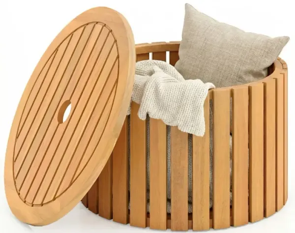 2-in-1 Outdoor Side Table with Storage Acacia Wood Slatted Coffee Table Square/Round Slatted End Storage Box